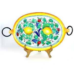 Vintage Firenze Italian Handpainted Wall Dish/Bowl w/Iron Handles Wall Plate